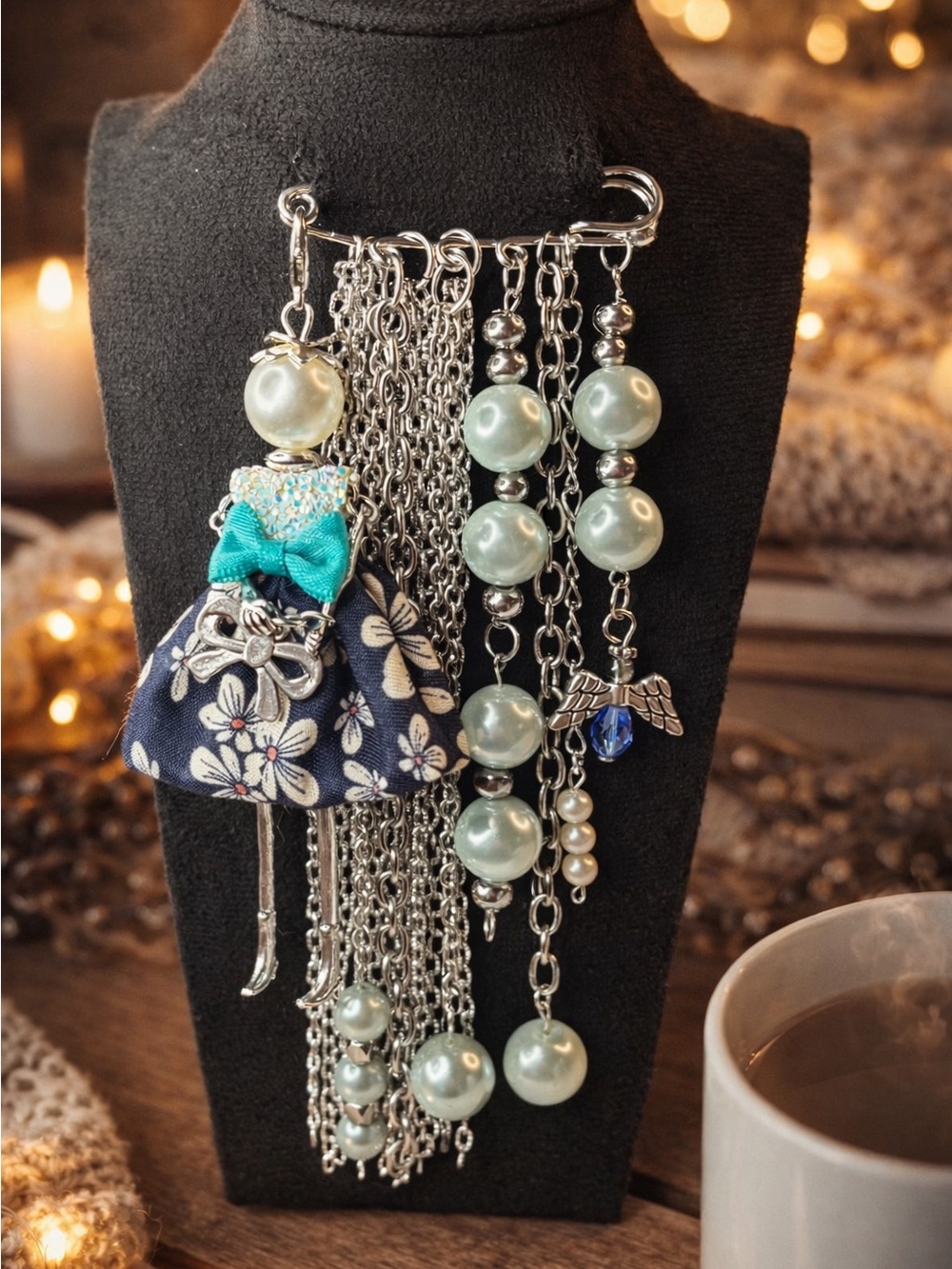 Handmade Art Doll Brooch with Pearl Chains & Angel Charm